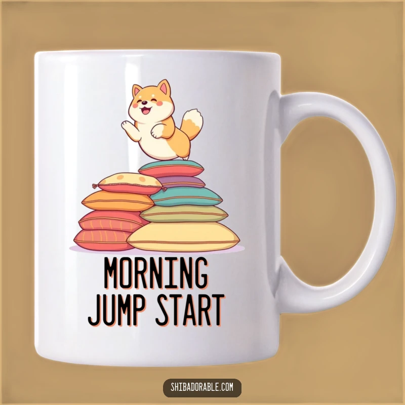 Funny Shiba Leaping Mug: Cushion Jumps - Joyful Funny Gift!