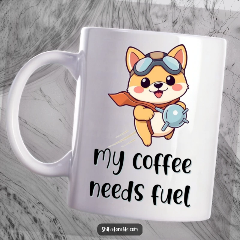 Funny Shiba Inu puppy wearing a tiny pilot hat, happily zooming with a propeller, ready for airborne adventures. A delightful mug.