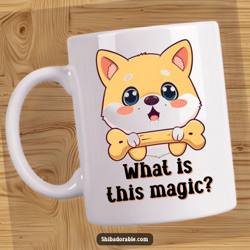 Funny surprised Shiba Inu dog mug, wide-eyed and astonished, looking at a floating bone, showcasing pure doggy delight.
