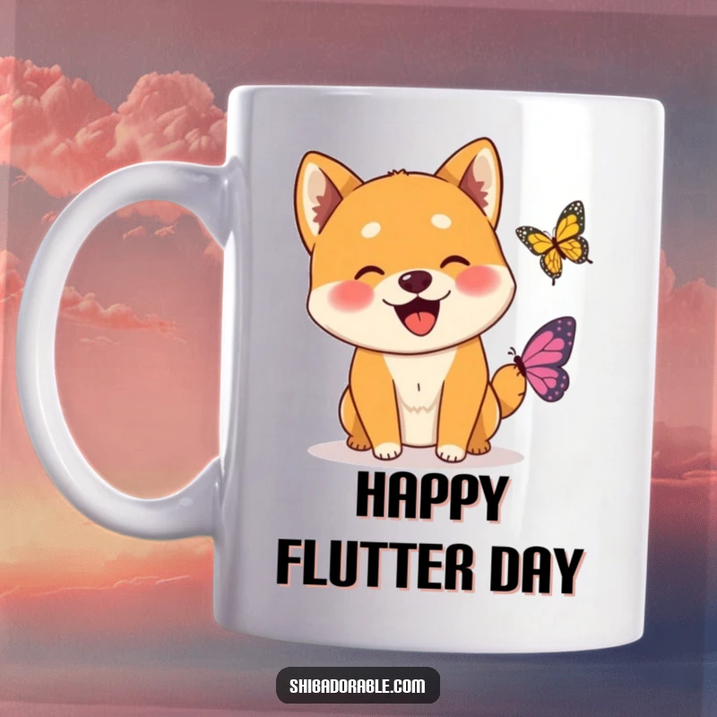 Funny Wagging Shiba Inu Butterfly Mug showing an excited Shiba Inu dog happily wagging its tail at a friendly, small butterfly.