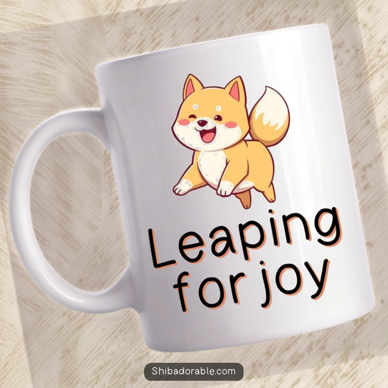 Funny Shiba Inu Mug: A black and tan Shiba Inu puppy leaps joyfully, its tail a blur of happy wagging.
