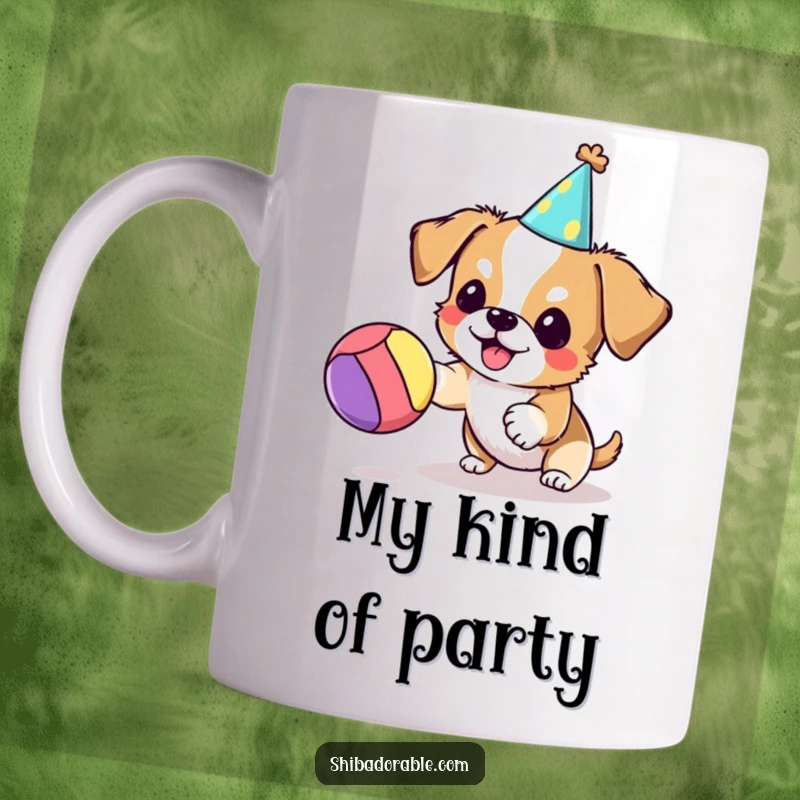 Funny dog mug showing a small, excited dog in a party hat gleefully bouncing a colorful ball, radiating pure happiness.