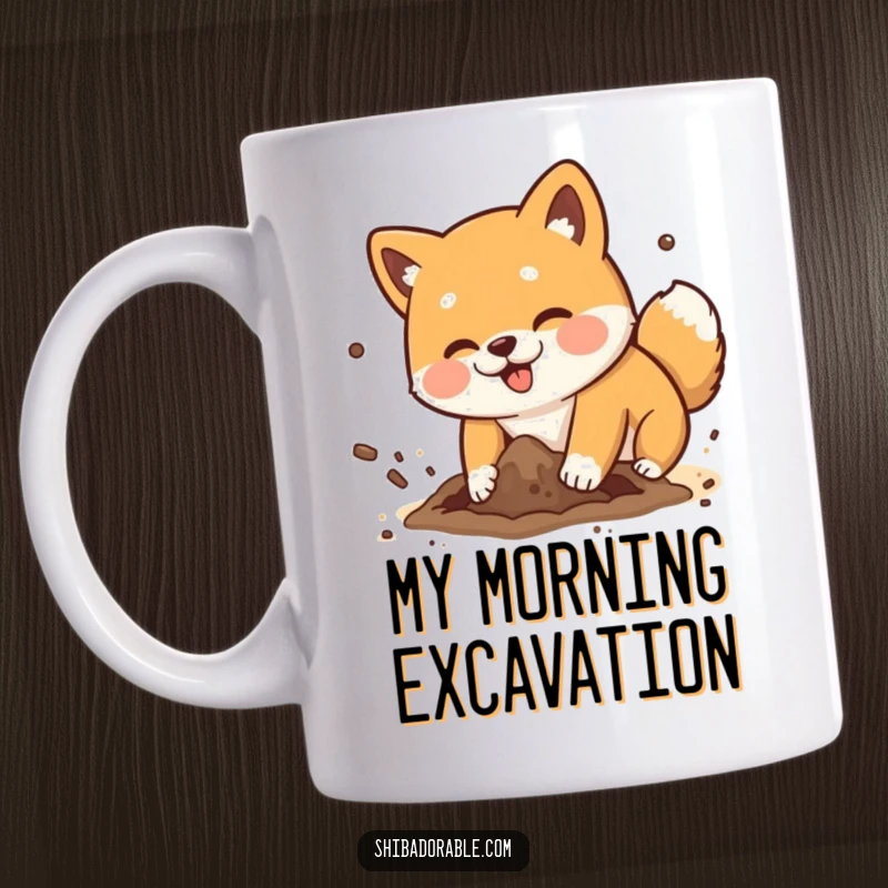 Funny Shiba Inu dog playfully digging a hole with dirt flying comically, a hilarious pet mug.