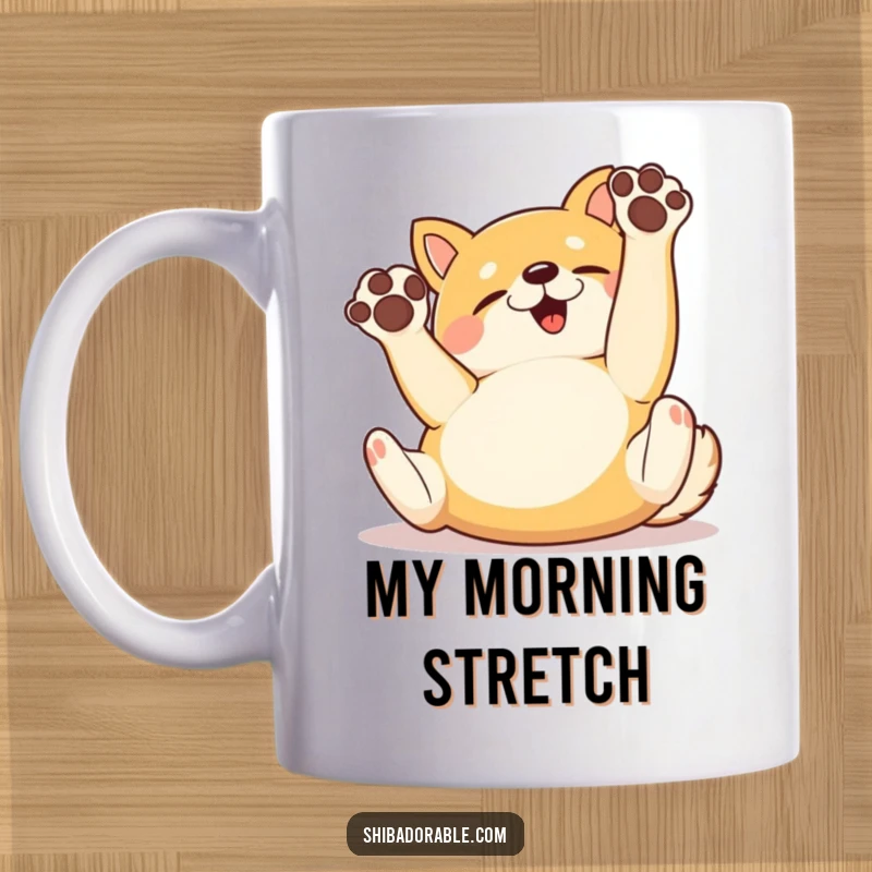 Funny Mug featuring a happy Shiba Inu dog rolling joyfully on its back with its paws playfully in the air.