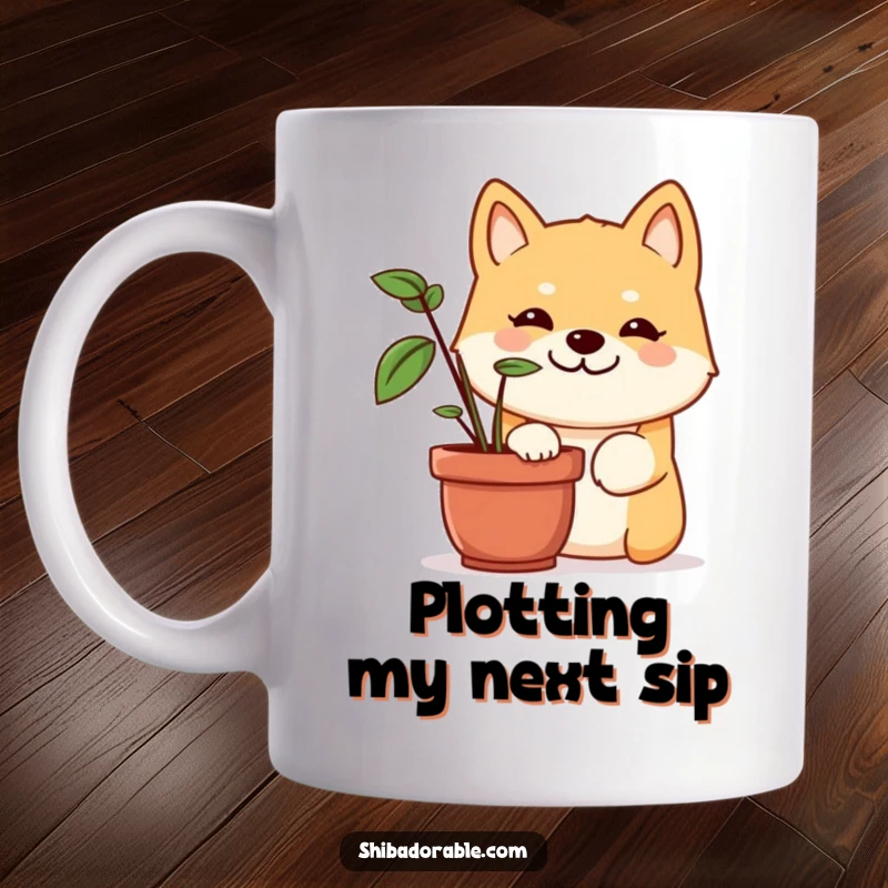 Funny Shiba Inu mug showing a cute dog with a mischievous grin, peeking playfully from behind a lush green potted plant.