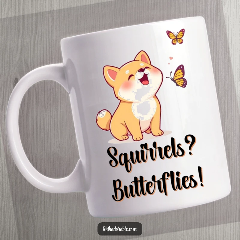 Funny Kawaii Shiba Inu puppy joyfully barking at a delicate, fluttering butterfly in a cute and energetic outdoor scene.