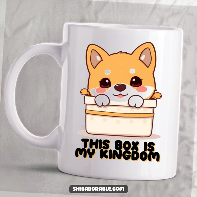 Funny Shiba Inu puppy with curious eyes peeking out from a colorful gift box on a mug.