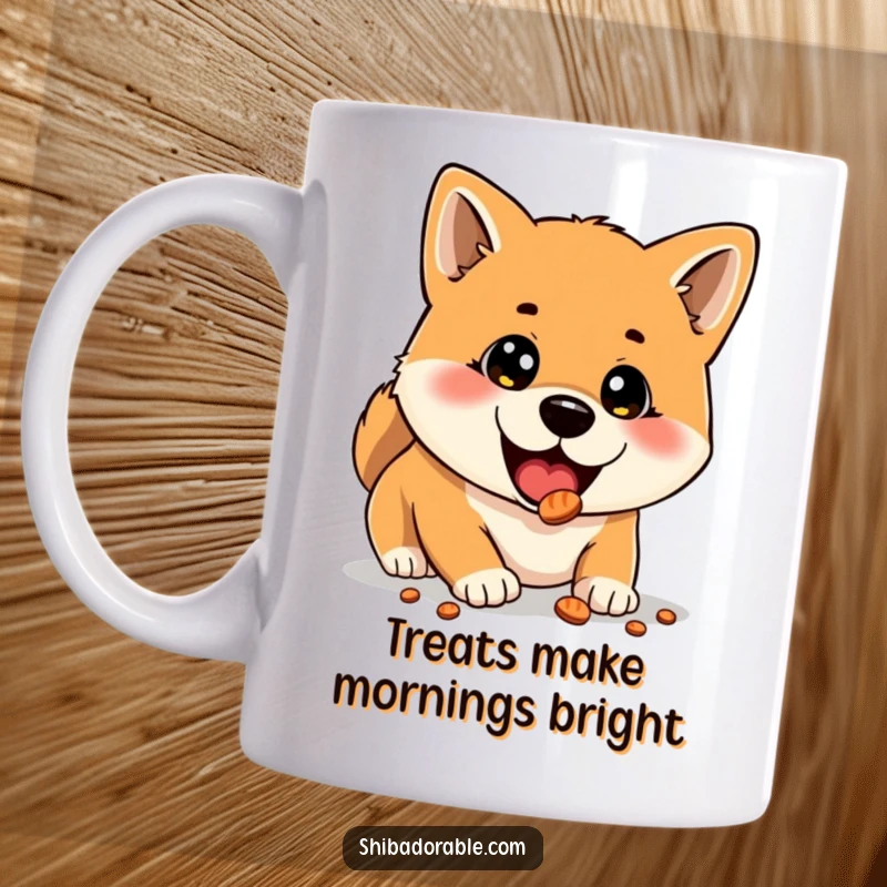 Funny mug featuring a Shiba Inu with wide, astonished eyes, joyfully discovering a hidden treat, conveying pure excitement.