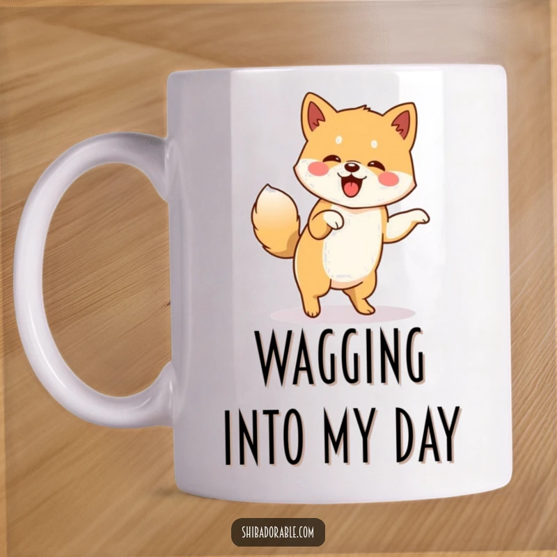 Funny mug featuring a Shiba Inu doing a happy little jig with its tail wagging furiously, radiating pure excitement and joy.