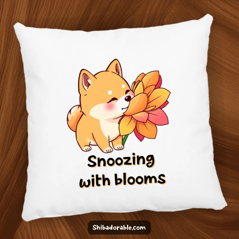 Funny Shiba Inu Pillow: A Shiba Inu with perked ears curiously sniffs a large, colorful flower, adding whimsical charm.