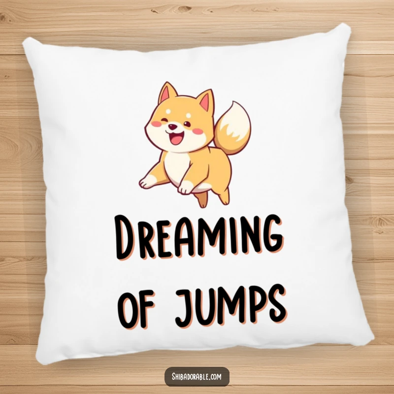 Funny Shiba Inu Pillow: A happy Shiba Inu puppy leaps with joy, its tail wagging, adding humorous charm to any room.