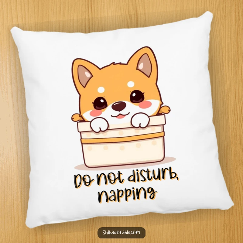 Funny Shiba Inu puppy peeking from a gift box, printed on a comfortable and decorative pillow.