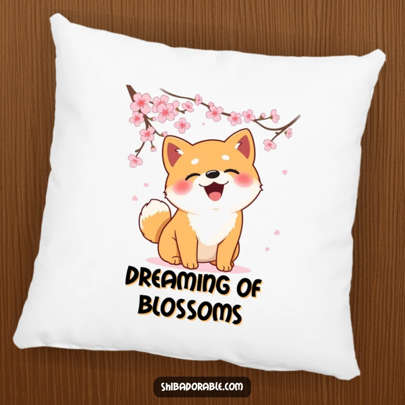 Funny Shiba Inu pillow depicting a dog comically catching falling cherry blossoms, providing soft comfort and humor.