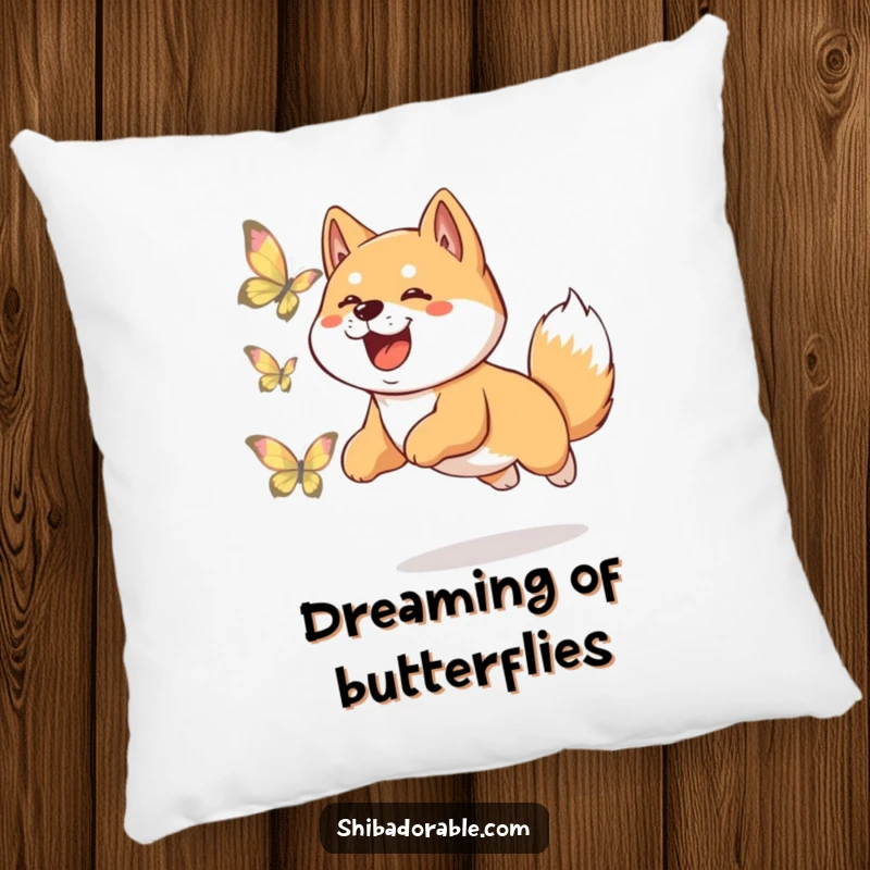 Funny Shiba Inu pillow featuring a cute dog in a playful leap, excitedly chasing a shimmering butterfly, perfect for adding cheer.