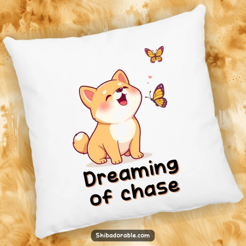 Funny Kawaii Shiba Inu puppy excitedly barking at a butterfly, a soft and plush pillow for cheerful comfort and humorous appeal.