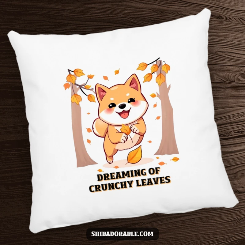 Funny pillow featuring a happy Shiba Inu playfully pouncing on a falling autumn leaf, bringing cozy autumn vibes.