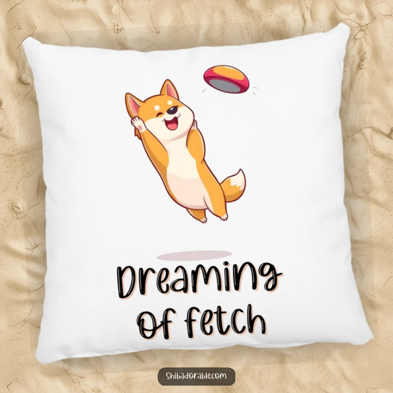 Funny Shiba Inu Pillow: Soft cushion illustrating an energetic dog catching a frisbee with focus and determination.
