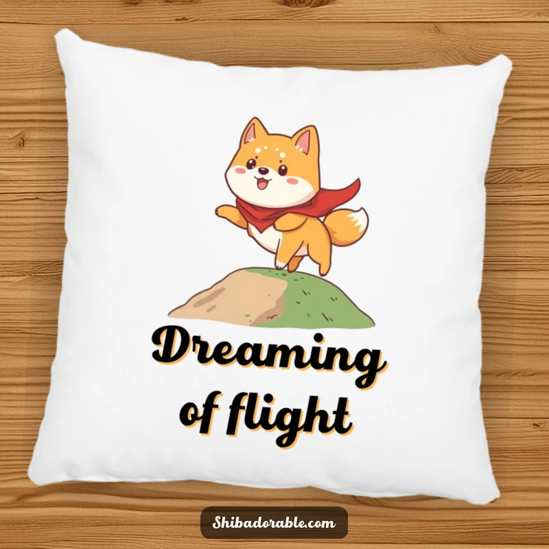 Funny Shiba Inu pillow featuring a cute dog in a superhero cape, comically attempting to fly from a small hill, radiating bravery.