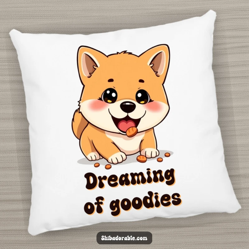 Funny pillow featuring a delighted Shiba Inu with wide eyes, joyfully discovering a hidden treat, perfect for cozy spaces.
