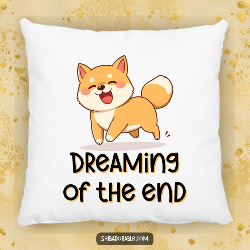 Funny Shiba Inu dog comically chasing its wagging tail, a soft and humorous accent pillow for comfort.