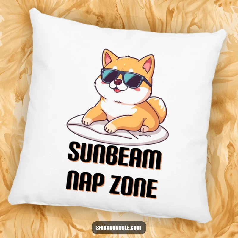 Funny Shiba Inu wearing sunglasses, lounging on a sunbeam, on a soft pillow for comfort and humorous decor.