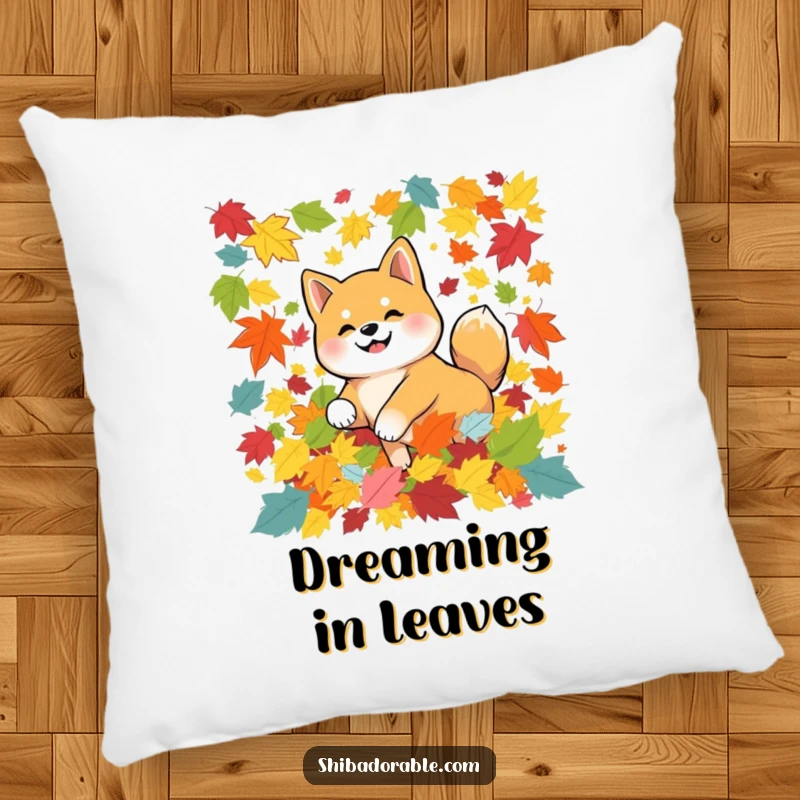 Funny Shiba Inu dog tumbling in colorful autumn leaves, printed on a plush pillow, bringing cozy and humorous fall vibes indoors.