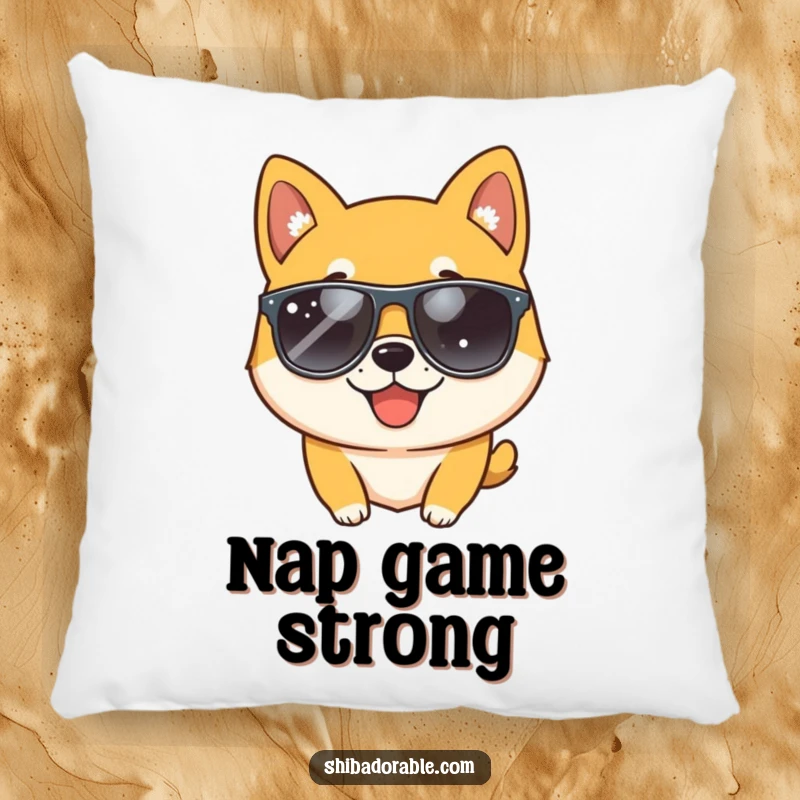 Funny Shiba Inu dog wearing sunglasses and winking, printed on a plush pillow, bringing cool and humorous canine vibes indoors.