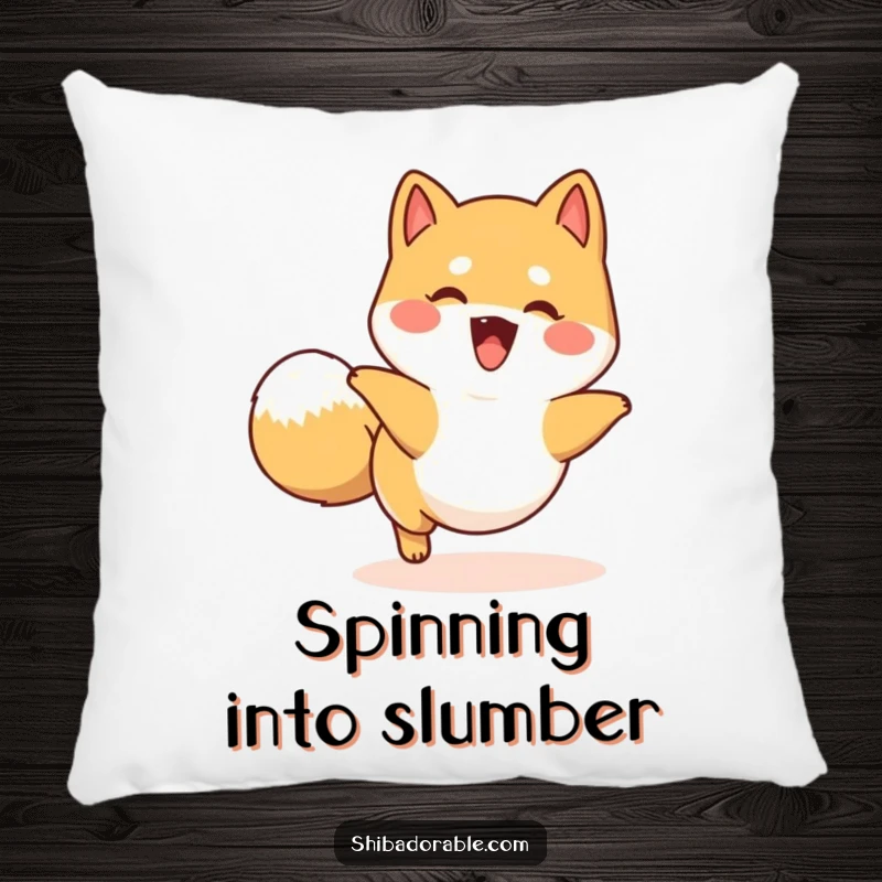 Funny happy Shiba Inu pillow with a dog playfully chasing its tail in a circle, perfect for cozying up.