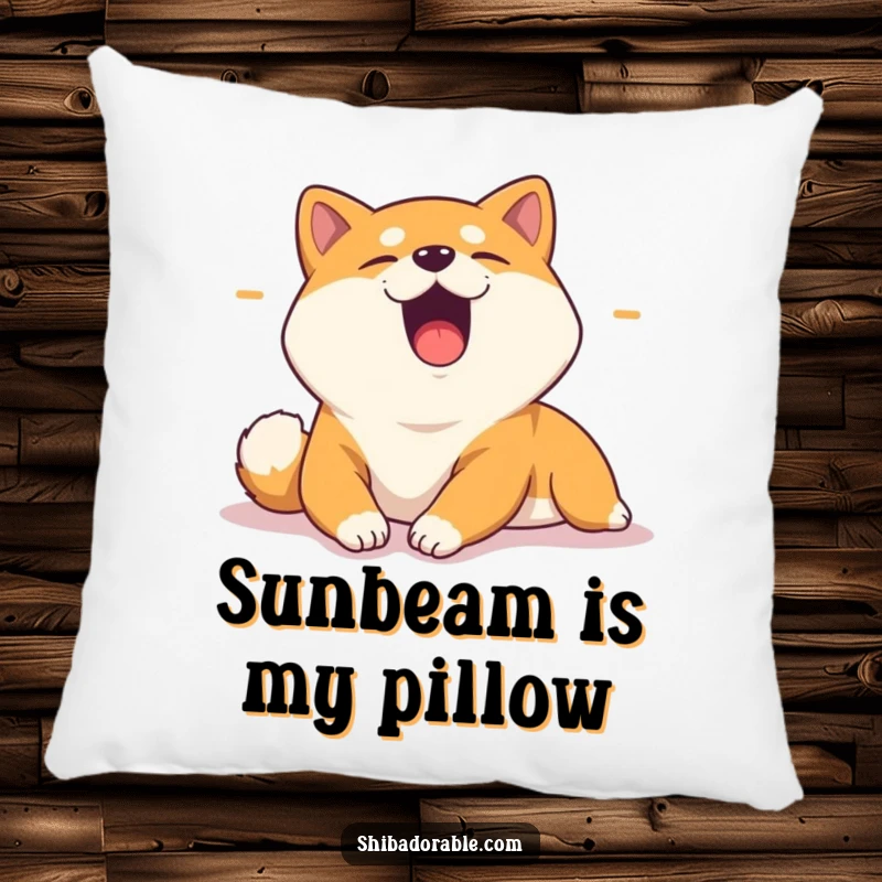 Funny pillow featuring a yawning Shiba Inu stretching lazily in a sunbeam, perfect for adding comfort and a humorous, relaxed vibe.