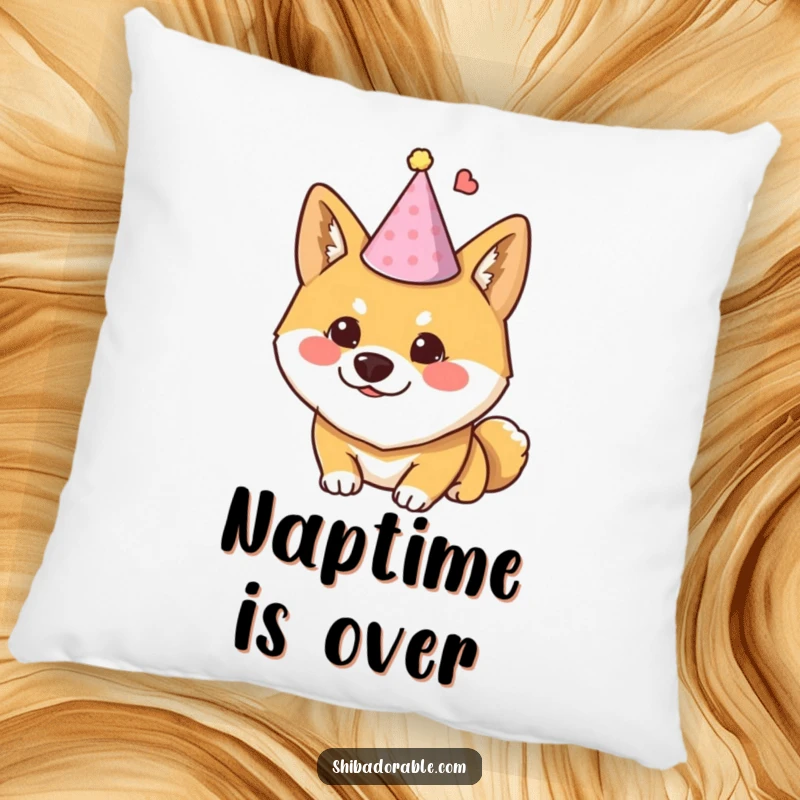 Funny Shiba Inu pillow showing a dog wearing a tiny party hat and looking mischievous, offering comfort and humor.