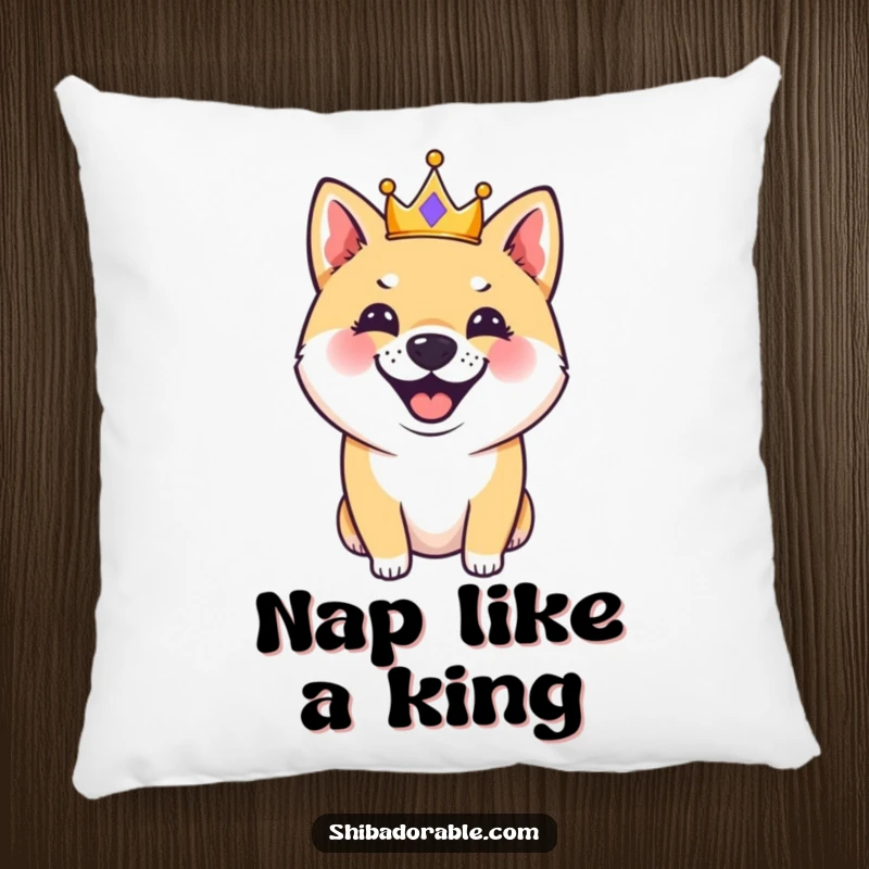 Funny, plush Shiba Inu pillow featuring a dog in a small crown, barking happily, adding a touch of regal comfort and humor.