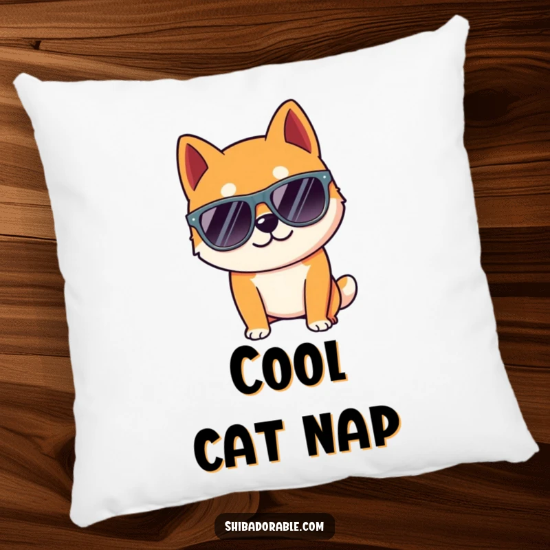 Funny Shiba Inu dog wearing oversized sunglasses, striking a cool pose. A soft pillow.