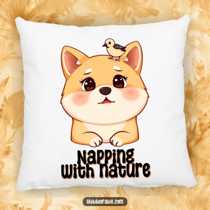 Funny pillow accent featuring a surprised Shiba Inu dog with a bird landing on its head, offering comfort and a touch of humor.