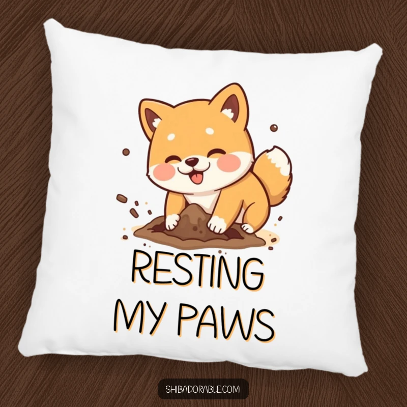 Funny Shiba Inu dog playfully digging a hole with dirt flying comically, a soft and humorous accent pillow.