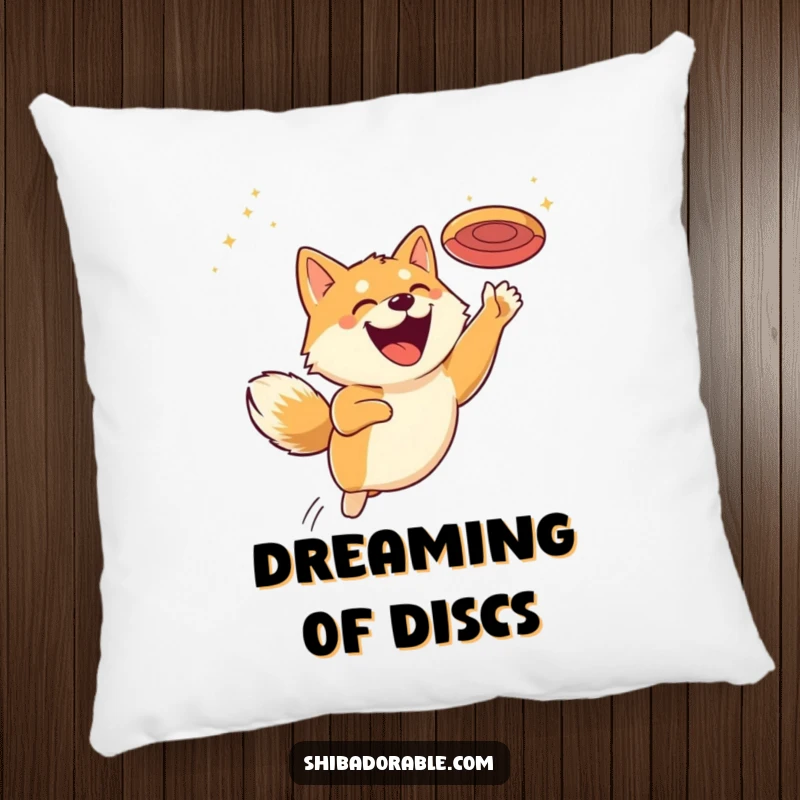 Funny pillow showing a Shiba Inu mid-air, leaping enthusiastically for a flying disc with an enormous, happy grin.