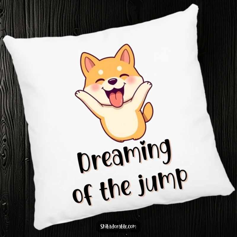 Funny Shiba Inu dog leaping with tongue out, ears flopping joyfully, a soft and humorous accent pillow.