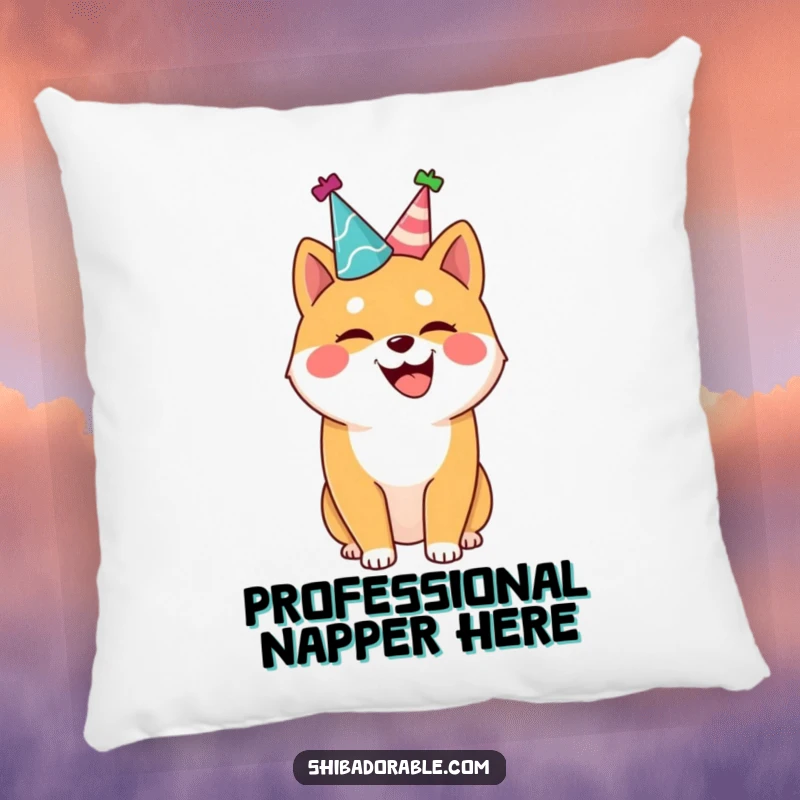 Funny Shiba Inu pillow, a joyful dog wearing a party hat, wagging its tail, offering comfort and humor, great gift.
