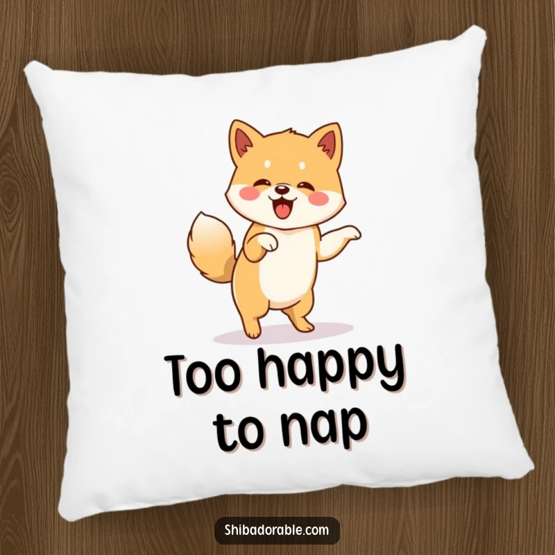 Funny pillow featuring a happy Shiba Inu doing a little jig with its tail wagging furiously, adding playful energy to any room.