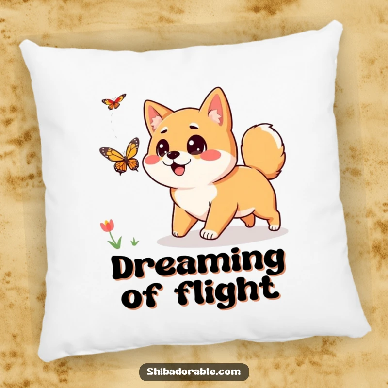 Funny Shiba Inu Pillow: A curious Shiba Inu with big, eager eyes chases a butterfly, creating a hilarious and huggable accent.