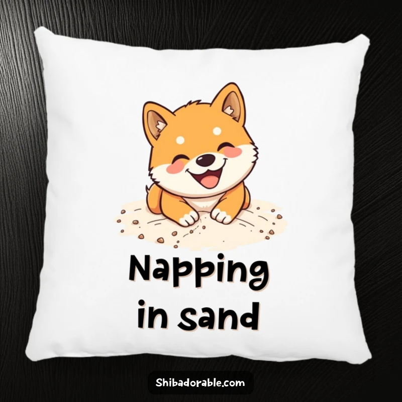 Funny Shiba Inu Pillow: Soft cushion featuring a happy dog digging enthusiastically in sand with a big, infectious smile.