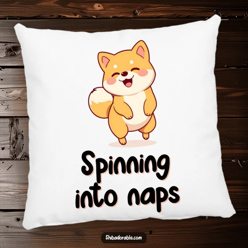 Funny pillow showing a Shiba Inu spinning in a circle with its tail wagging furiously, embodying pure, uninhibited happiness.