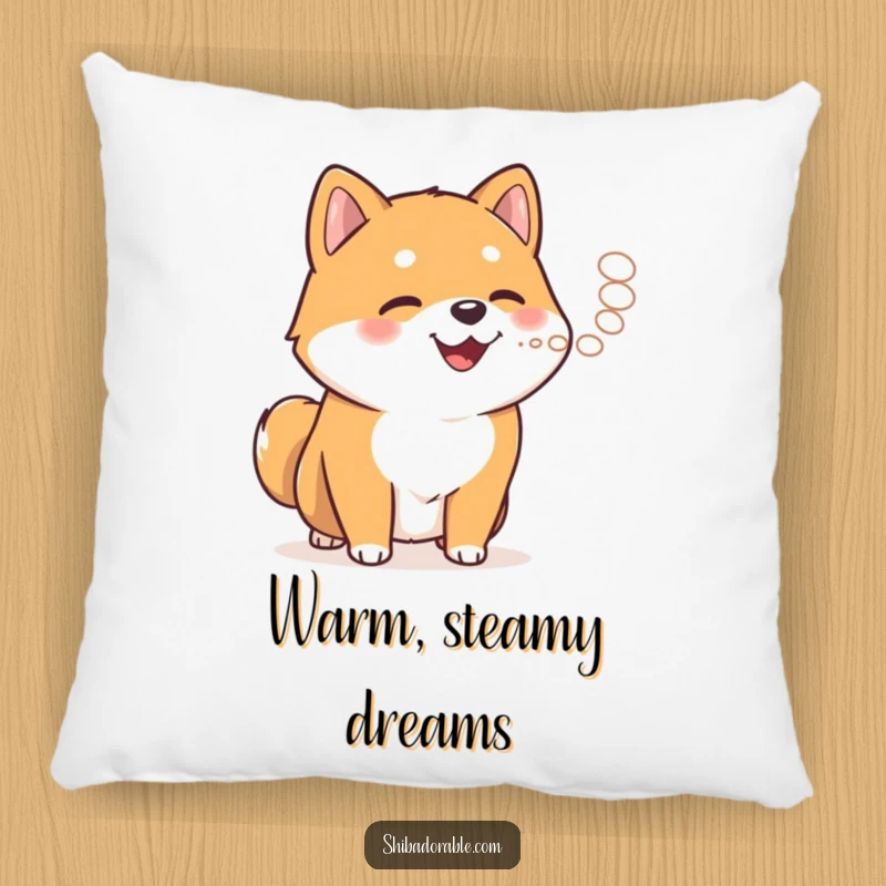 Funny Shiba Inu exhaling steam on a soft pillow, offering comfort and a humorous dog-themed design.