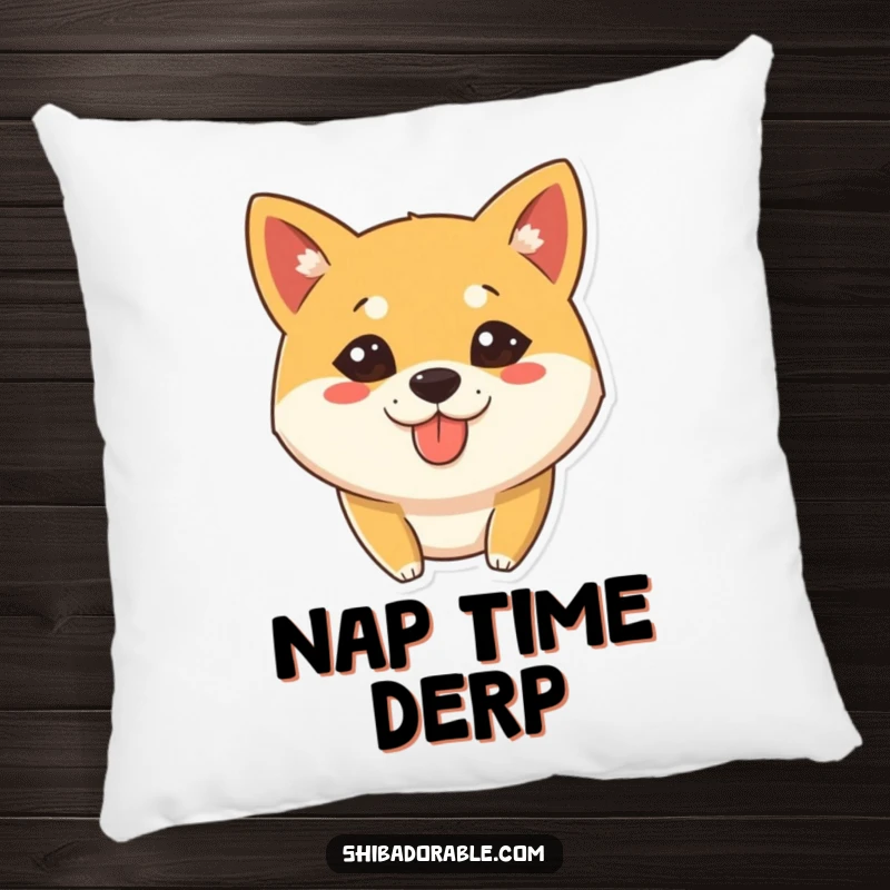 Funny Pillow with a Shiba Inu dog having a silly expression and tongue slightly out, offering comfort and playful charm.