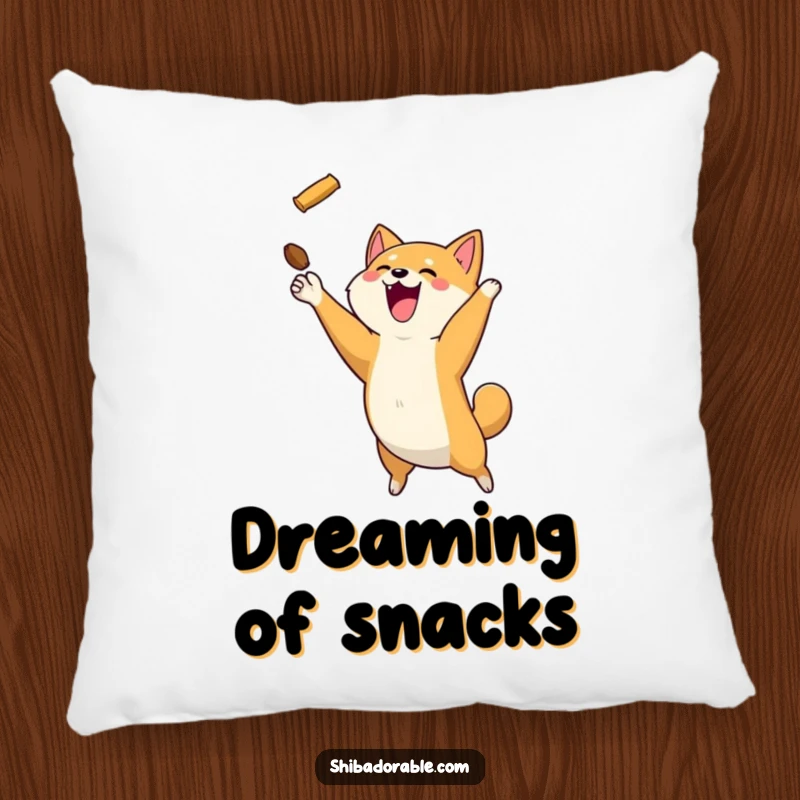 Funny Shiba Inu dog leaping to catch a treat, printed on a comfortable and decorative pillow.