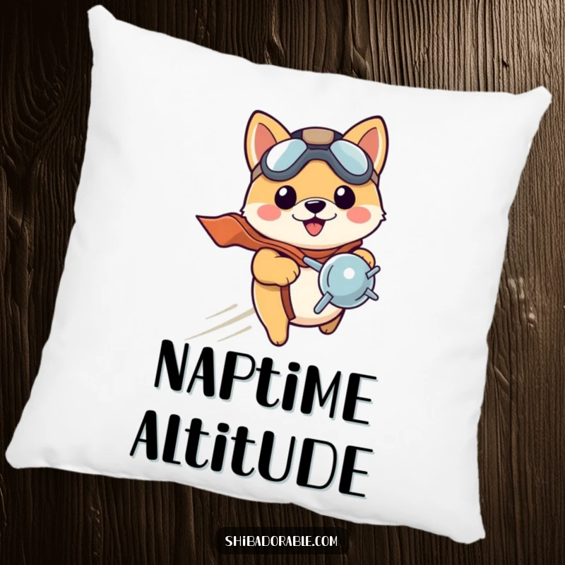 Funny Shiba Inu puppy in a pilot hat, zooming with a propeller, ready for a cozy flight. A soft pillow.