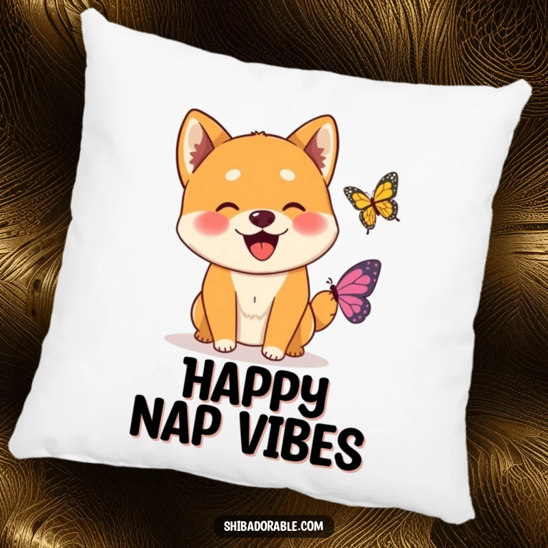 Funny Wagging Shiba Inu Butterfly Pillow featuring a happy Shiba Inu dog joyfully greeting a small, delicate butterfly.