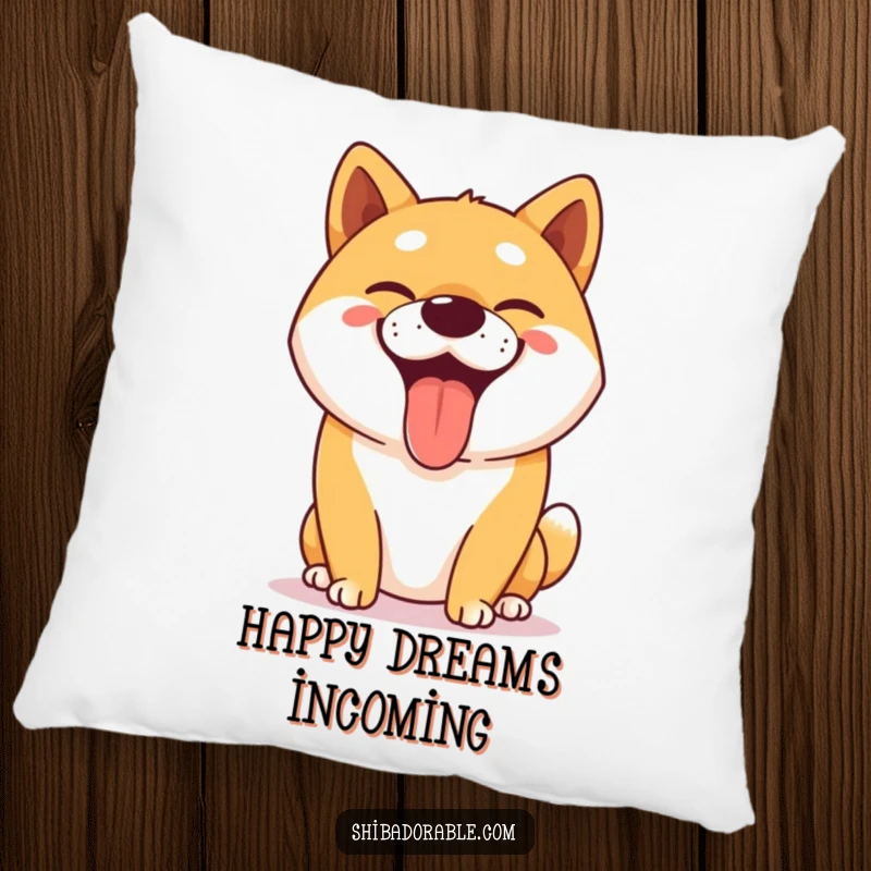 Funny Shiba Inu pillow showing a happy dog panting with a huge, goofy grin, offering comfort and humor.