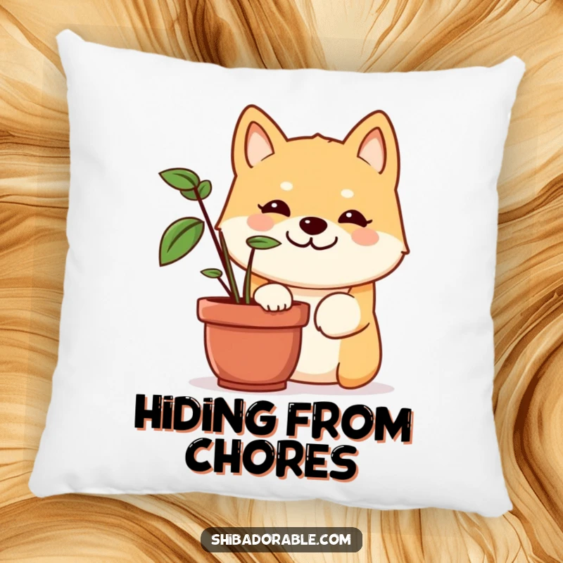 Funny Shiba Inu pillow featuring a cute dog with a mischievous grin, peeking out from behind a potted plant, radiating playful energy.