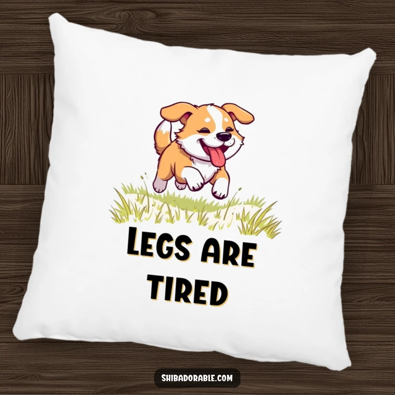 Funny dog pillow featuring a dog mid-race, legs kicking, tongue panting, embodying speed and playful exertion on a grassy field.