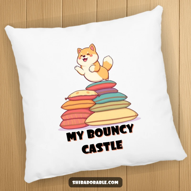 Funny Shiba Inu dog playfully leaping over colorful cushions. A soft pillow.